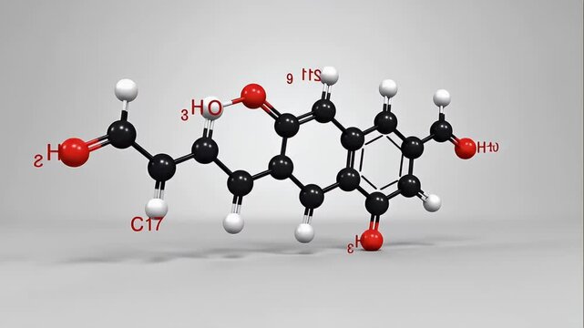 3d molecular model of an organic compound with carbon, hydrogen and oxygen atoms