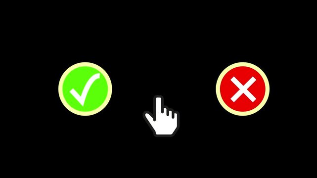 Hand cursor clicking between a green checkmark and a red cross icon on a black background.