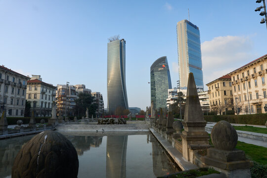 Milan, Italy March 3, 2026: Modern skyscrapers in CityLife district including Generali and Allianz towers