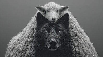 Metaphorical illustration of a snarling wolf wearing a sheeps wool pelt