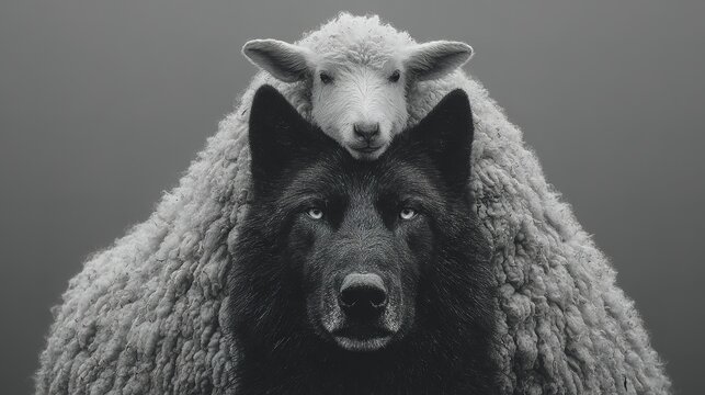 Metaphorical illustration of a snarling wolf wearing a sheeps wool pelt