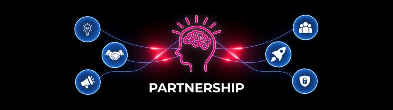 Partnership concept with glowing neon brain and representing collaboration, security, and innovation on black background