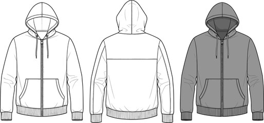 Men's Zip-Up Hoodie Technical Flat Sketch, Hooded Sweatshirt Vector Template, Front and Back View