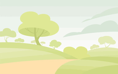 Obraz premium Curved Sandy Path Poster, Minimal Landscape Illustration with Pale Yellow Trail and Soft Green Rolling Hills Design