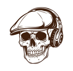 Fototapeta premium Illustration of a smiling skull wearing headphones and a flat cap