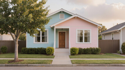 Fototapeta premium Charming Two-Tone Bungalow House Exterior with Green Lawn and Trees