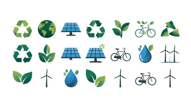 Green Energy Icons Earth Bicycle Solar Panels Wind Turbine Water Drop Recycle Loop