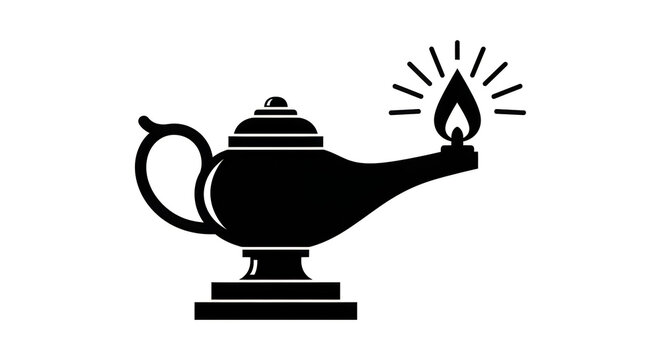 A black silhouette of a genie lamp with a lit flame