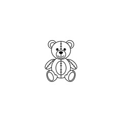 Simple black and white line art illustration of a classic teddy bear sitting upright, featuring stitched details and a friendly expression.