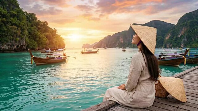 Stunning Sunset View of Phi Phi Island with Traditional Boats and Limestone Cliffs