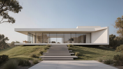 Modern minimalist villa on grassy hill with concrete stairs and panoramic windows