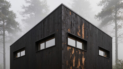 Fototapeta premium Modern Black Cabin in Misty Forest, Wood Architecture, Minimalist Design