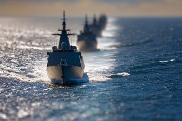 Obraz premium Military vessels glide through calm ocean waters