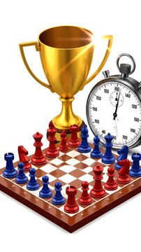 Golden Trophy Over Chessboard With Red Blue Pieces And Stopwatch