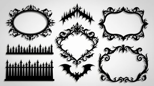 Gothic Halloween Frames Ornaments Bat Cemetery Fence Silhouettes