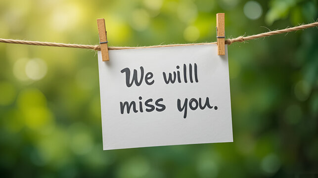 Message We will miss you written on white paper, hung with clothespins on rope. Concept of farewell, leaving, good bye note. Blurred green nature background. Love message, farewell concept.