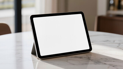 Fototapeta premium Blank Tablet Screen Displaying White Copy Space on Marble Table, Mockup