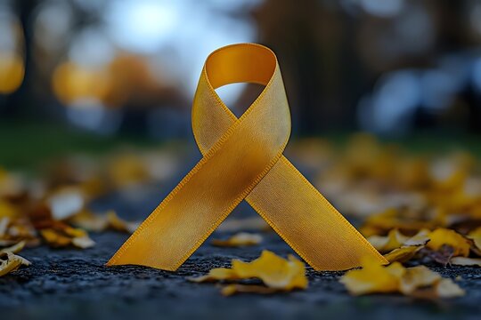 Golden awareness ribbon symbol on autumn pavement with fallen leaves representing support, hope and solidarity for various causes and campaigns.