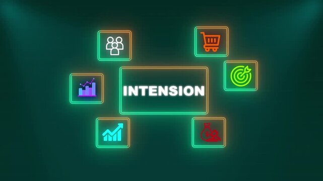 Futuristic neon business infographic featuring centrar intension text surrounded by glowing digital icons for marketing growth and financial data analysis.
