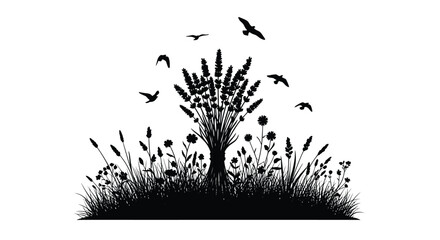 Black floral landscape with flying birds a striking silhouette © momotaj