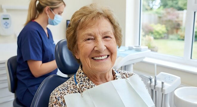 Happy senior Caucasian woman patient smiling at dental clinic with female dentist in background. Elderly healthcare and professional dental care service.