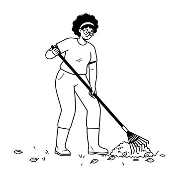 Hand drawn illustration of a woman raking autumn leaves in a garden