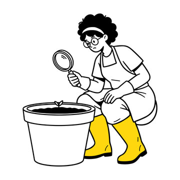Woman Gardener Inspecting Small Plant Sprout in Pot, Hand Drawn Illustration