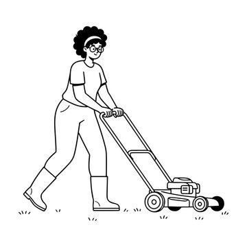 Woman pushing a lawnmower, doing yard work, hand drawn style illustration