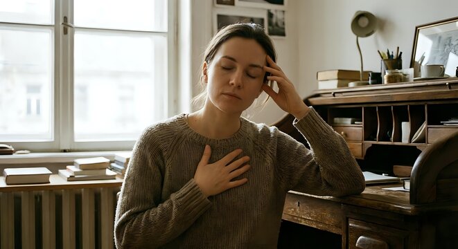 Young woman experiencing stress and headache while working from home office, touching forehead and chest in discomfort. Mental health and workplace wellness concept.