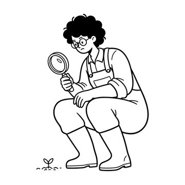 Hand drawn illustration of a curious person examining a small plant sprout with a magnifying glass