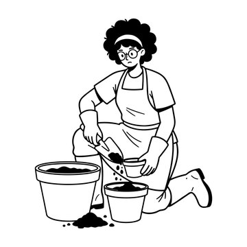 Hand drawn illustration of a gardener potting plants with soil and trowel