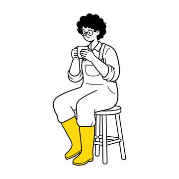 Hand drawn style illustration of a person in overalls and yellow boots sitting with a mug.