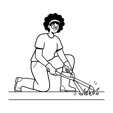Hand drawn style illustration of a woman trimming grass with gardening shears.