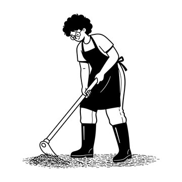Hand drawn illustration of a person hoeing soil in a garden, preparing land for cultivation.
