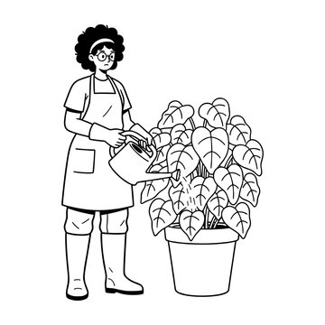 Hand drawn illustration of a woman in an apron watering a potted houseplant