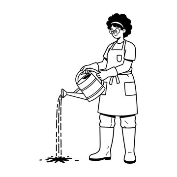 Hand drawn doodle illustration of a person watering plants with a can