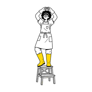 Hand drawn illustration of person in apron and boots on step stool expressing frustration