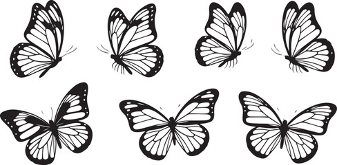 Fototapeta premium Black and white butterflies in various flying positions illustration