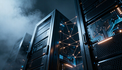 Naklejka premium AI powered cybersecurity protecting cloud storage servers with neural network technology, intelligent encryption and advanced digital data defense concept