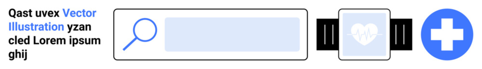 Fototapeta premium Healthcare technology, digital search, smart wearables, telemedicine, medical services, information lookup. A search bar, smartwatch with heart icon and medical cross symbol. Healthcare technology