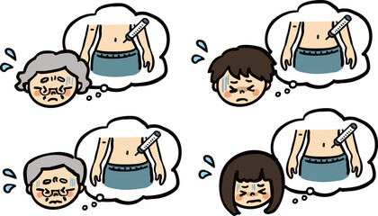 お腹への注射を怖がる人たちのイラストセット