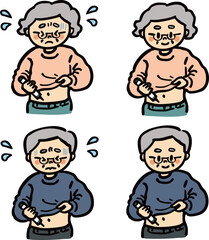 お腹に注射を刺す高齢者男女のイラストセット　不安顔差分