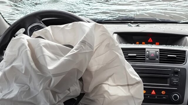 car interior with deployed driver airbag after collision