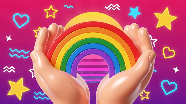 Hands Holding Rainbow With Sun And Stars Gradient Background