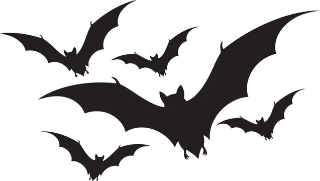 A group of black bat silhouettes flying and fluttering against a white background. Halloween theme, vector illustration.