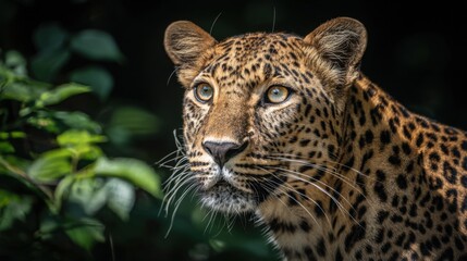 Fototapeta premium Intensely Focused Leopard's Spotted Coat and Piercing Green Eyes Up Close Amidst Lush Greenery