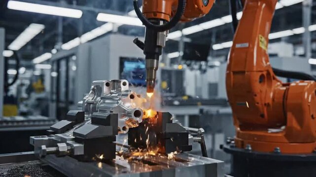 Industrial robotic arm precisely machining metal component in modern factory
