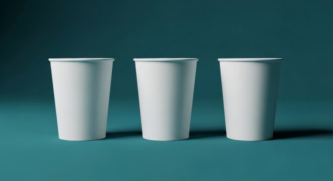 Three simple white disposable cups arranged in a clean product composition ideal for beverage branding presentation