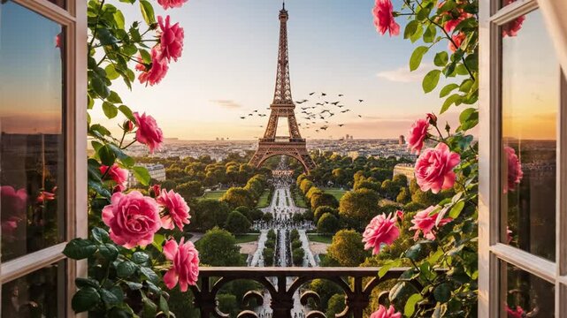 Romantic Parisian window view of Eiffel Tower with pink roses