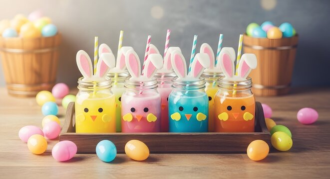 Easter themed drinks with bunny straws and colorful eggs